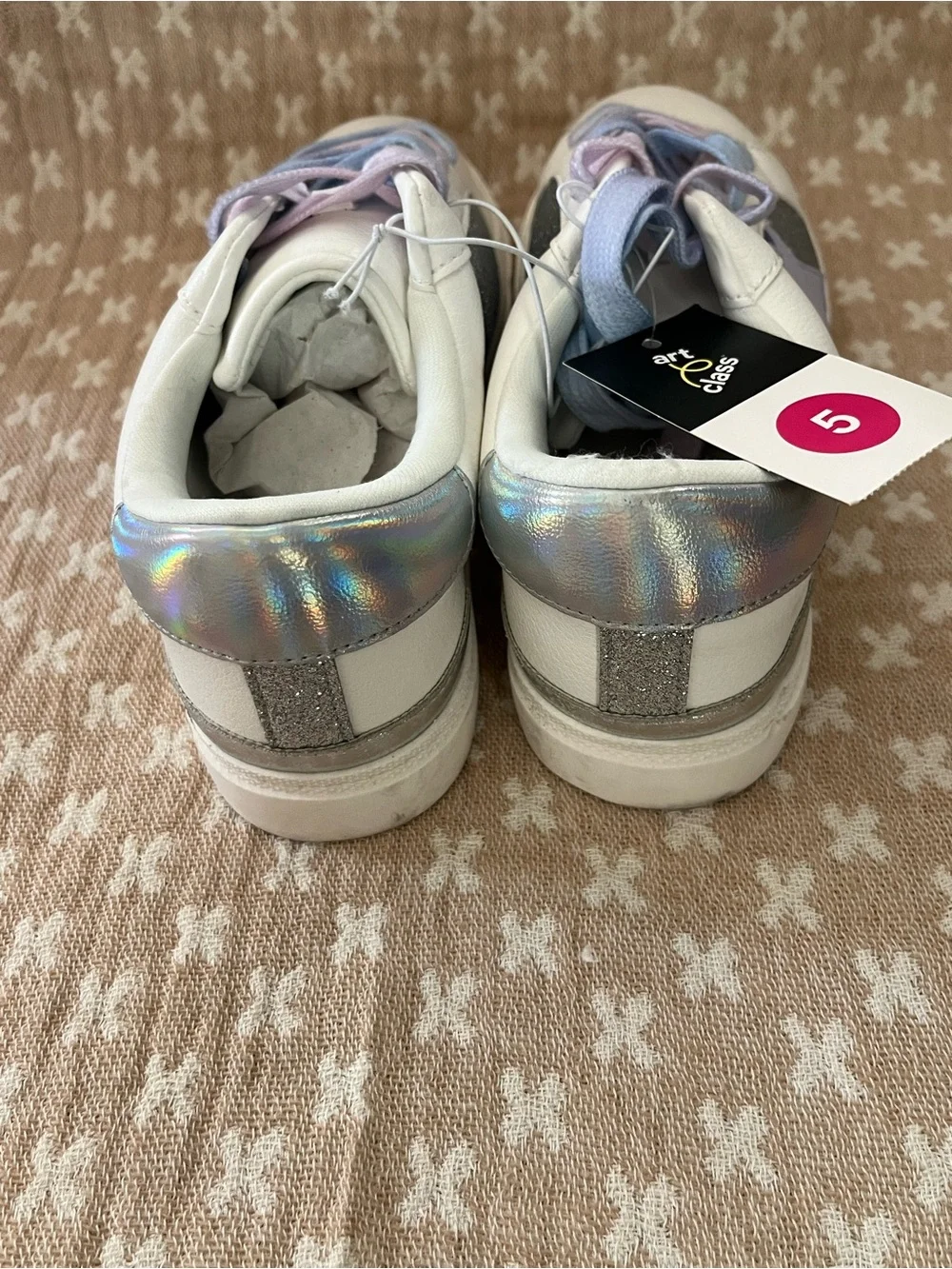 art class White Sneakers with Pastel Blue and Pastel Purple Accents
